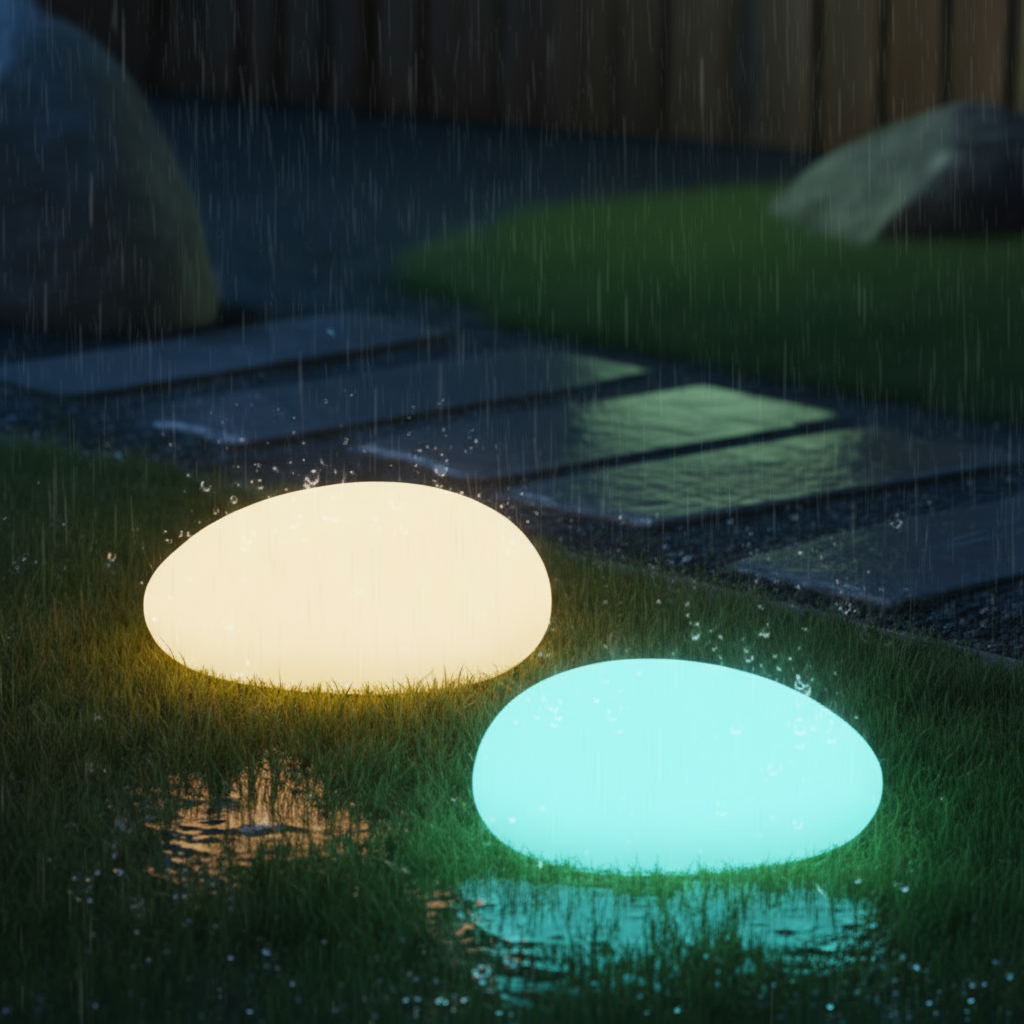 Two glowing stone-like lights on grass with rain falling