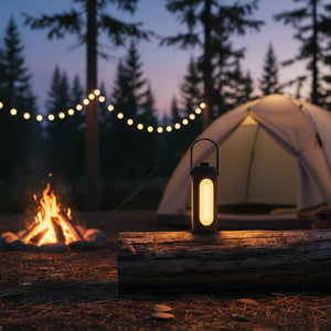 Camping scene with a tent, fire, and lantern in a forest at night.
