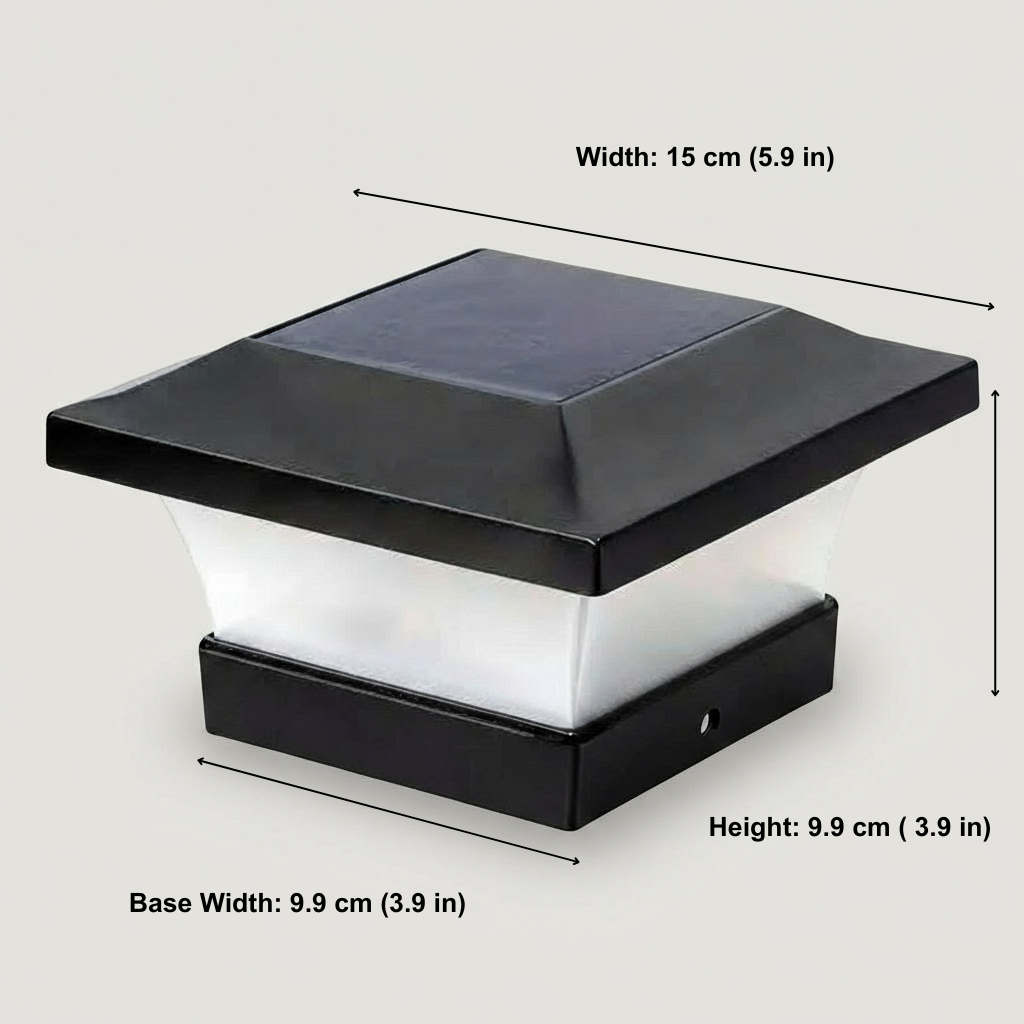 Black square outdoor light with dimensions labeled on a gray background