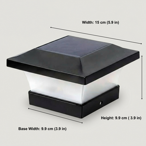 Black square outdoor light with dimensions labeled on a gray background