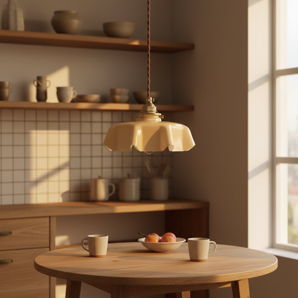 Wooden table with cups and a bowl under a pendant light in a kitchen setting.