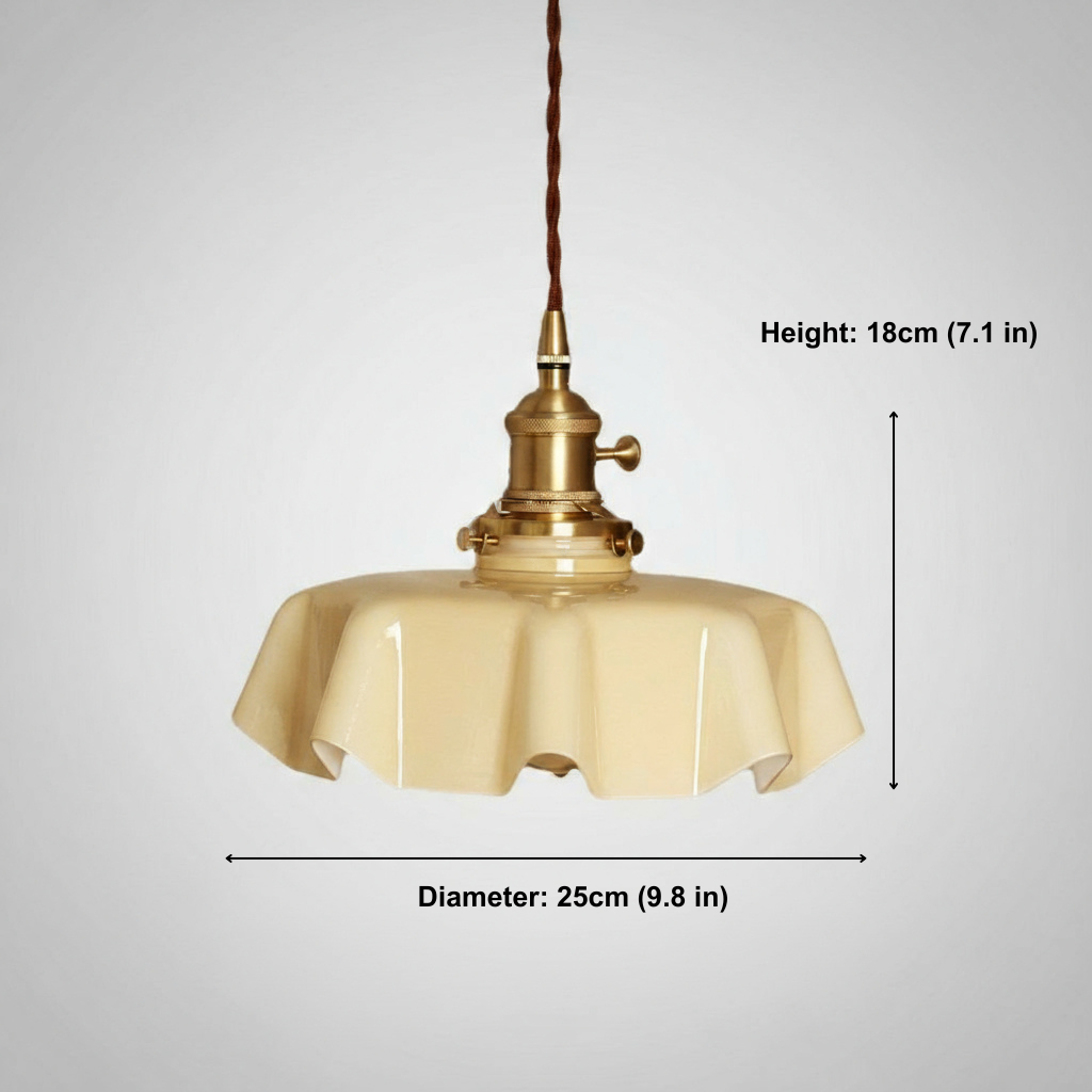 Beige pendant light with measurements on a gray background