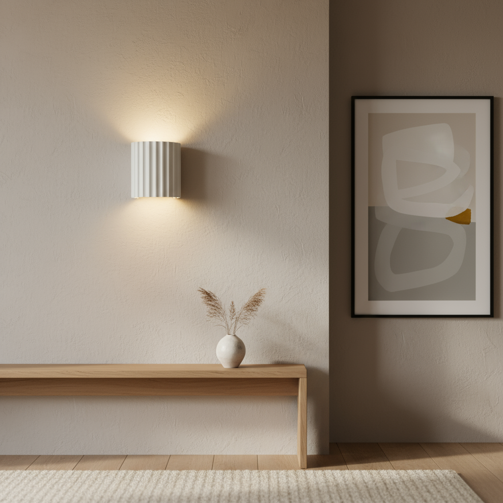 Modern interior with a wooden console table, wall lamp, and abstract art on a beige wall.
