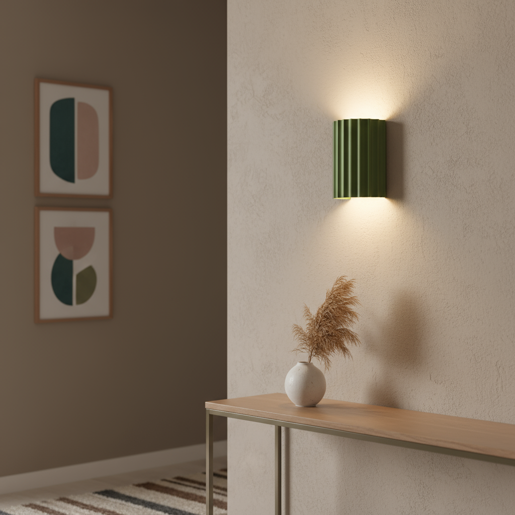 Green wall lamp on a beige wall with a wooden table and decorative items.
