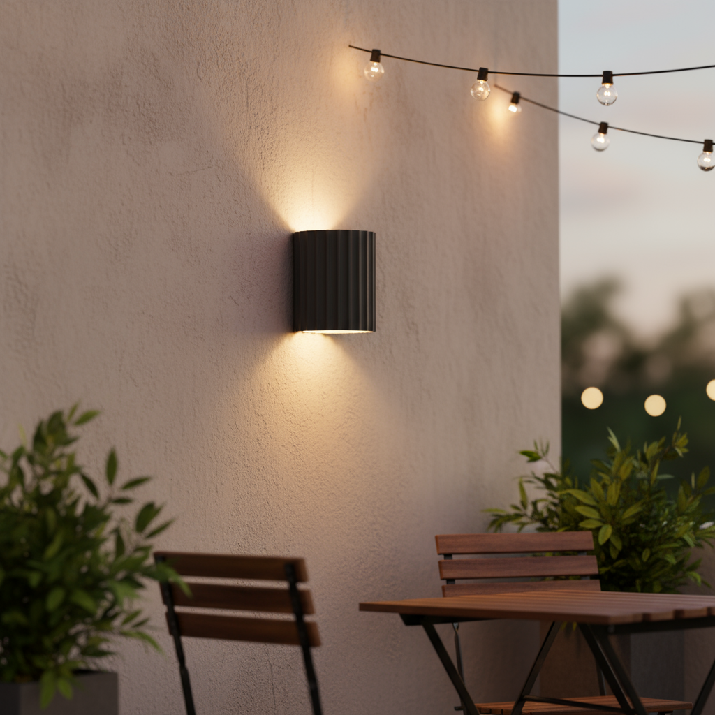 Black outdoor wall light fixture on a textured wall with a table and chairs in the foreground.