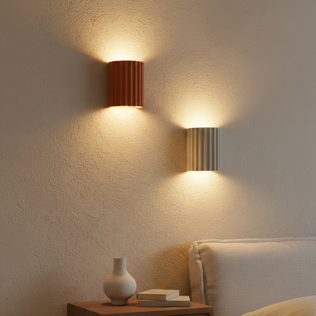 Two wall-mounted lamps casting light on a textured wall with a small table and decorative items below.