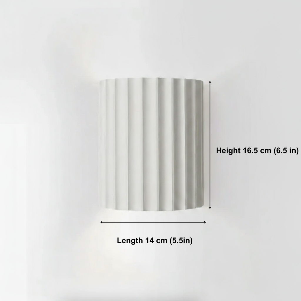Striped cylindrical object with measurements on a white background