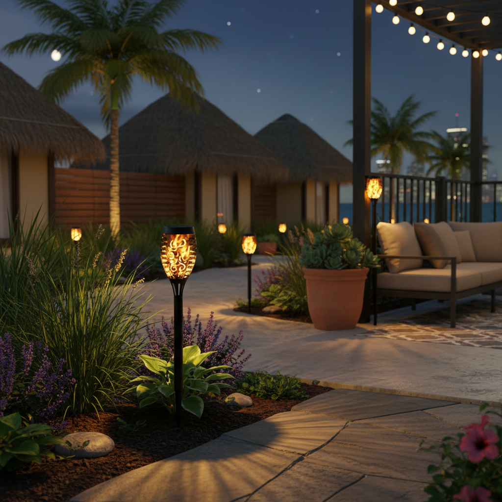 Evening outdoor setting with huts, garden lights, and a couch under string lights.