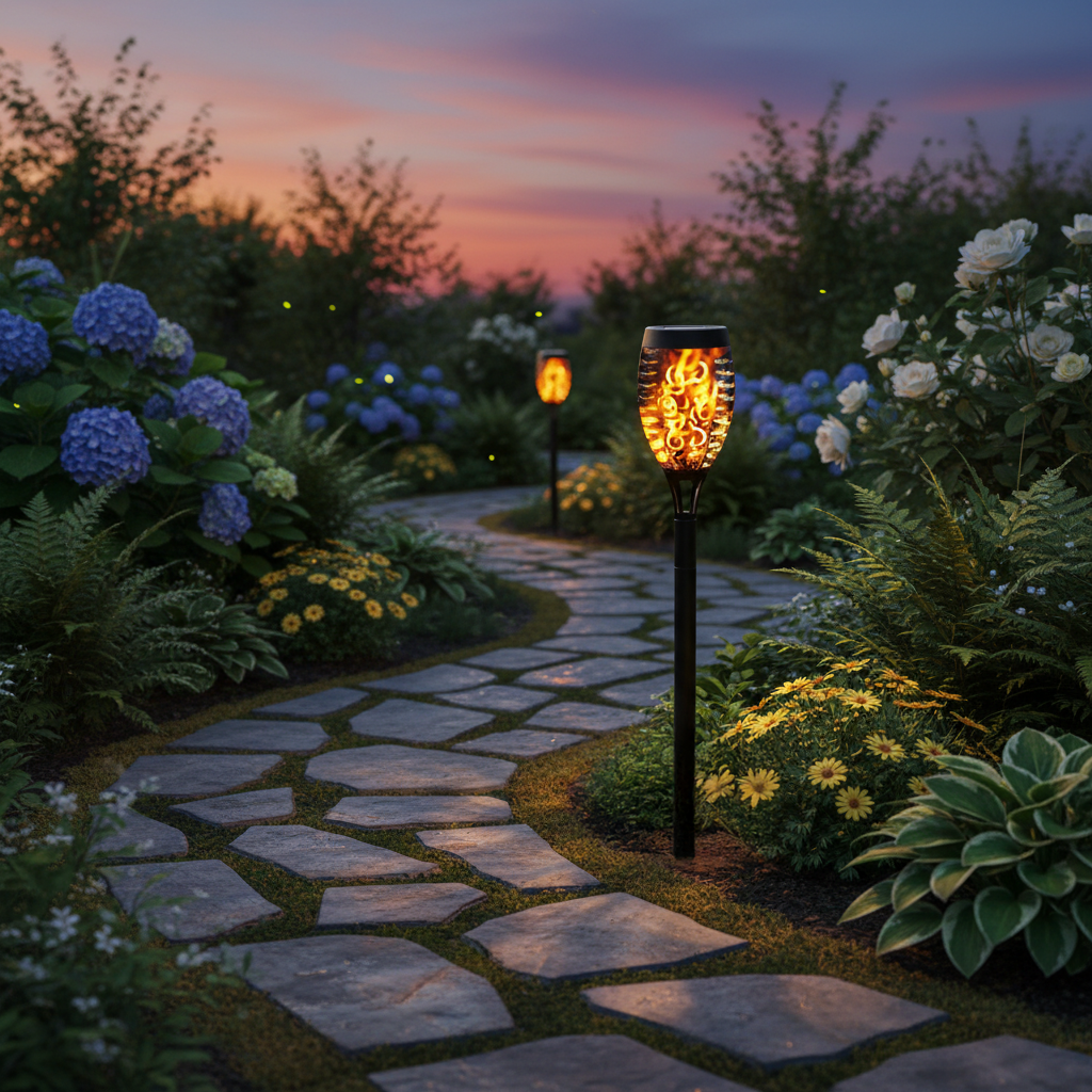 Garden pathway with solar lights during sunset