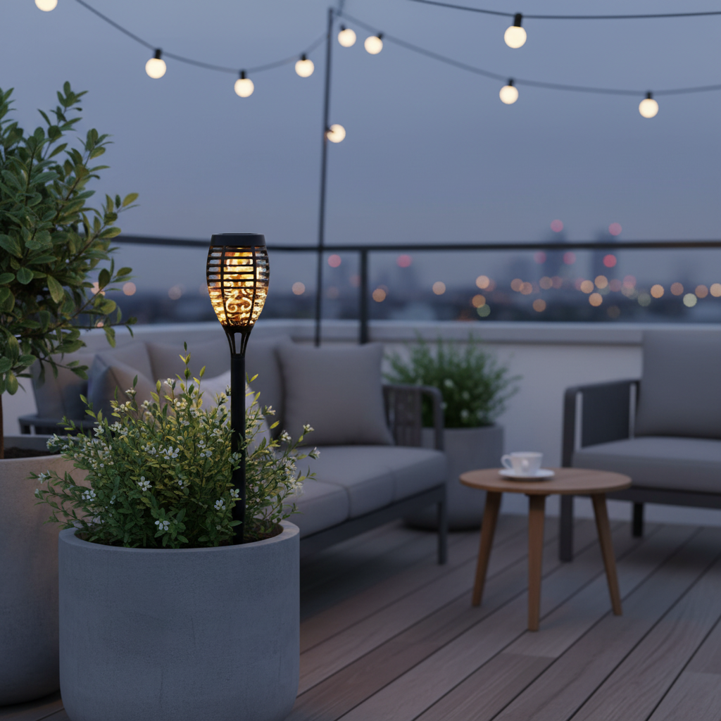 Outdoor patio with a lit solar lamp, plants, and city lights in the background.