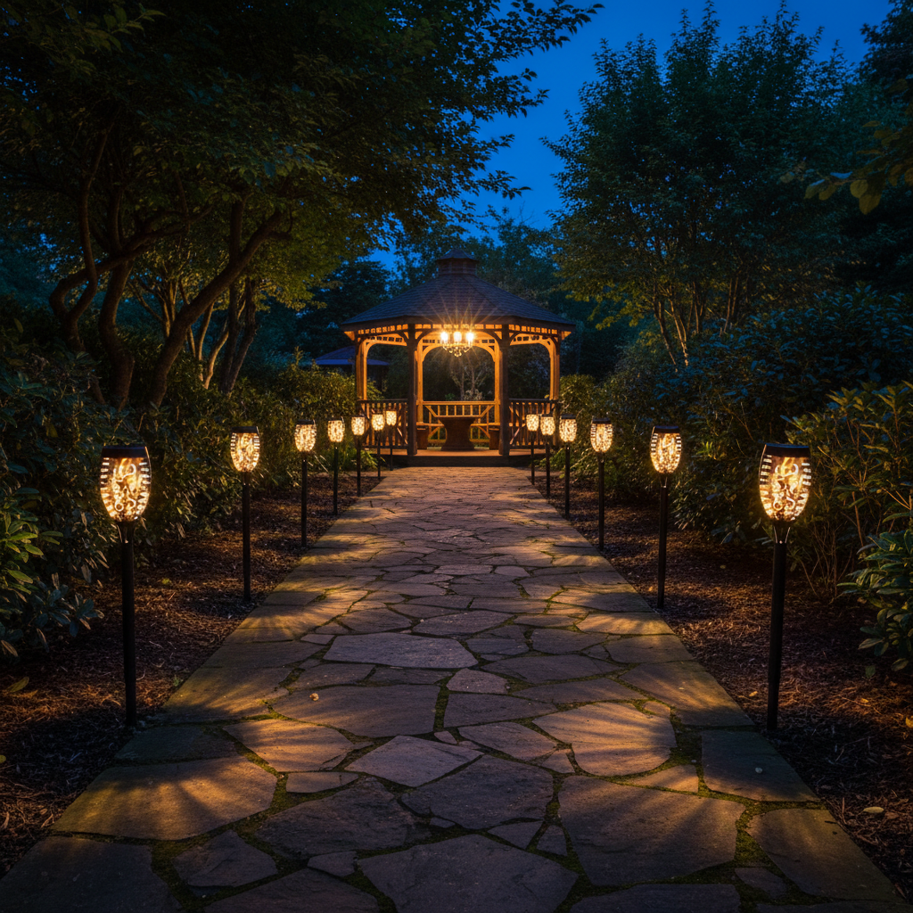 Pathway leading to a gazebo with decorative lights on either side at night.