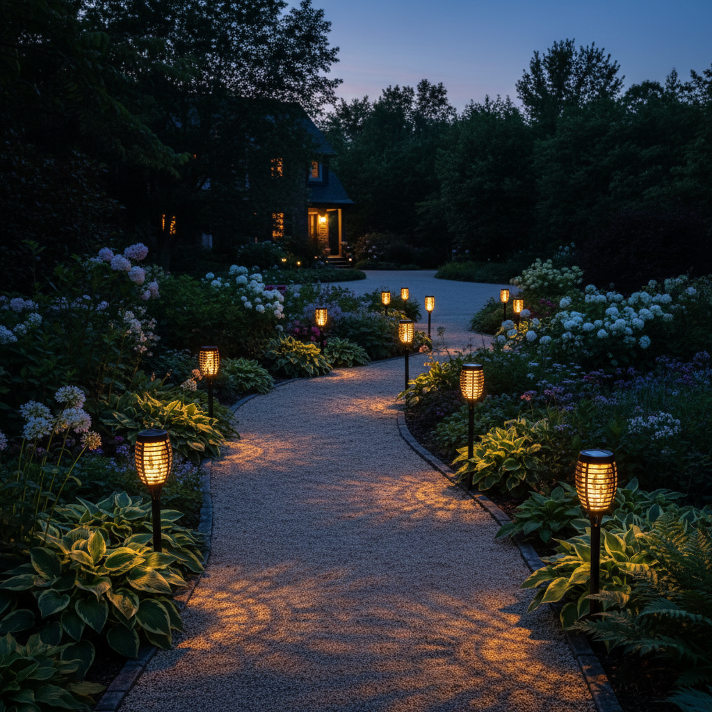 Garden pathway illuminated by lanterns at dusk with a house in the background.