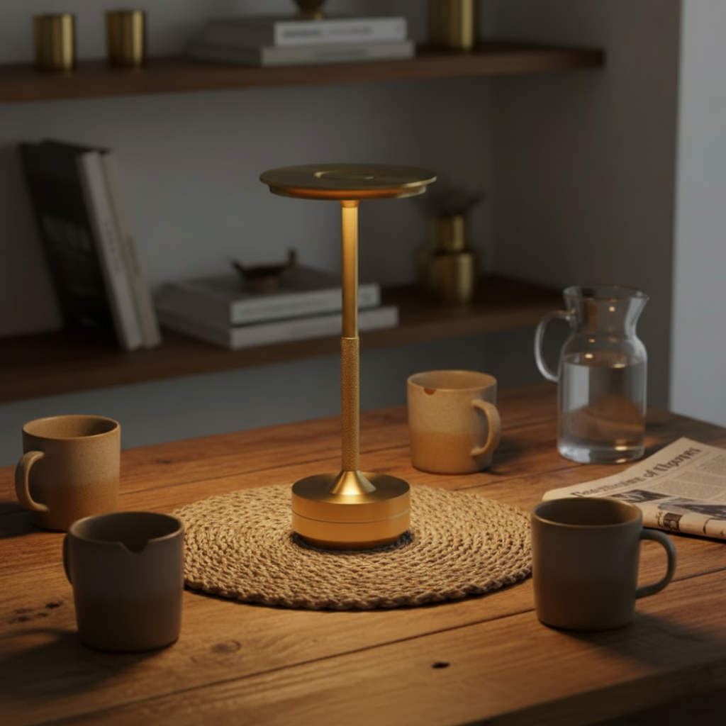 Wooden table with a gold lamp, mugs, and a pitcher in a cozy room setting.