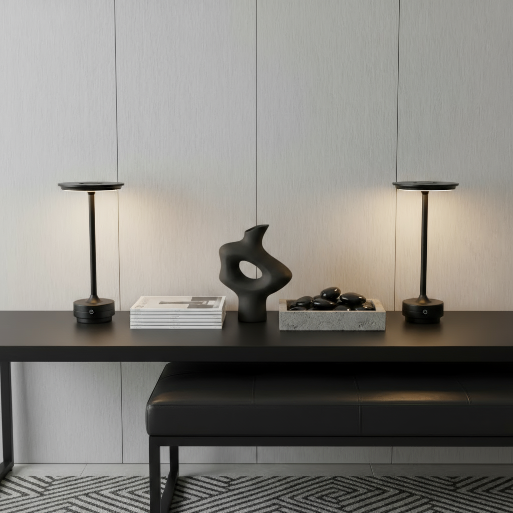 Modern interior with a black table, abstract sculpture, and decorative items against a light wall.