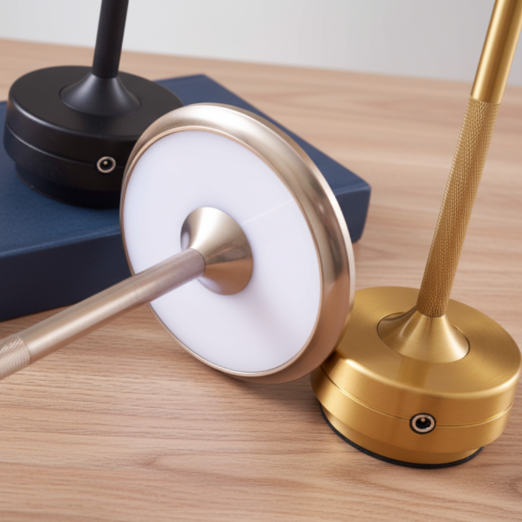Two decorative lamps with gold and black bases on a wooden surface.