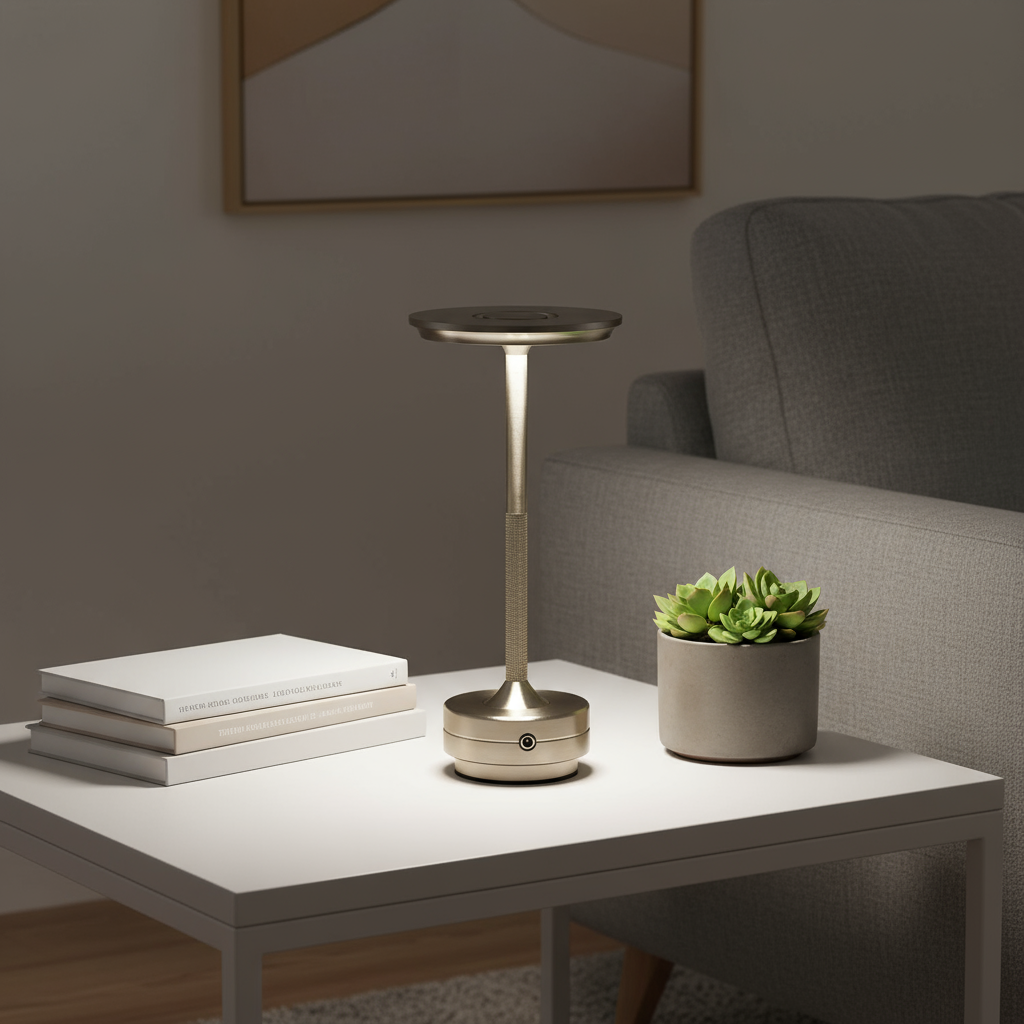 Small gold lamp on a white table with books and a plant, against a gray wall.