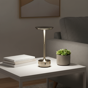 Small gold lamp on a white table with books and a plant, against a gray wall.