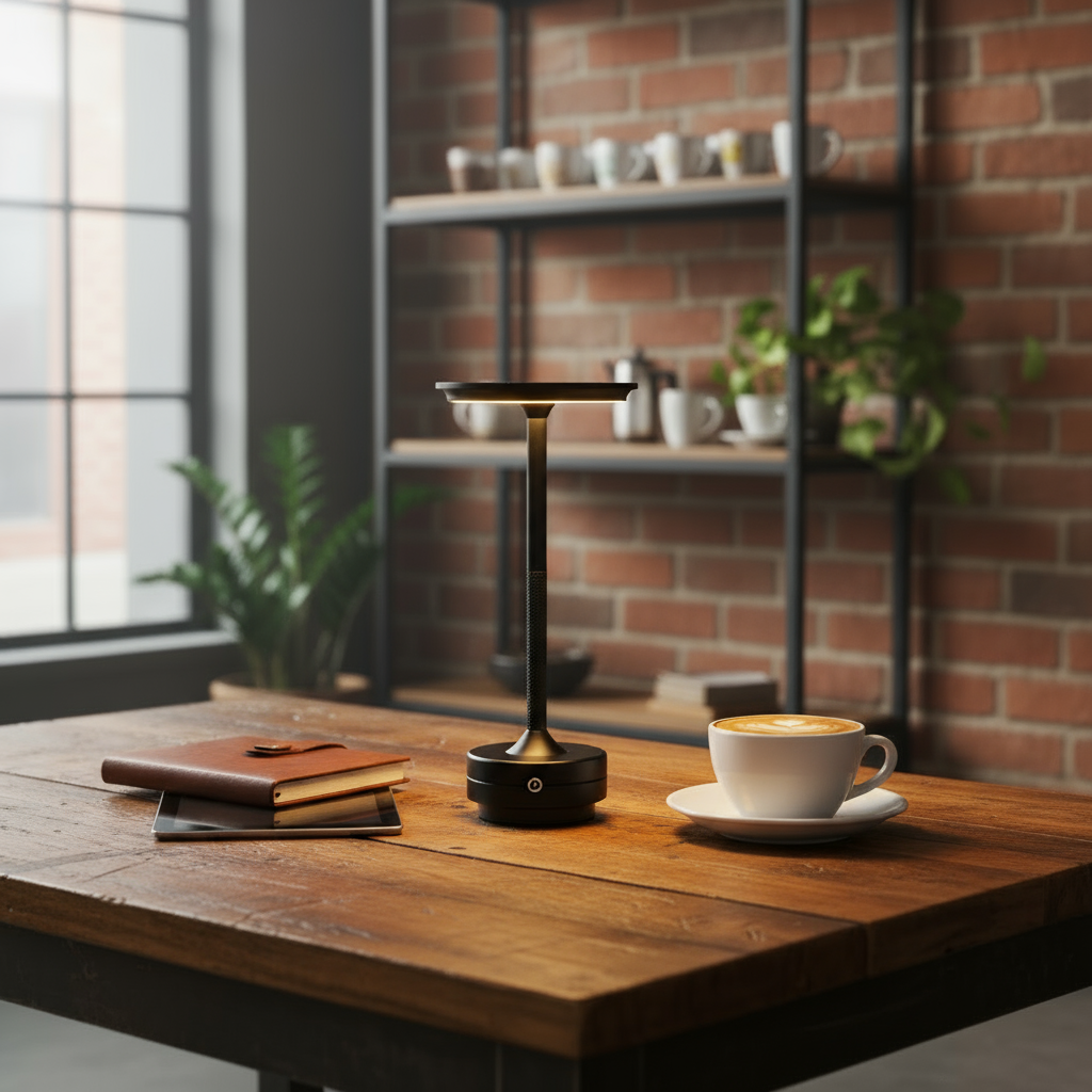 Wooden table with a cup of coffee, notebook, and small lamp against a brick wall.