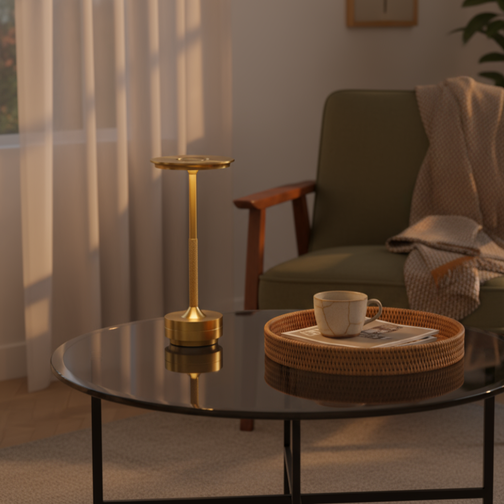 Living room with a glass coffee table, gold lamp, and green armchair.