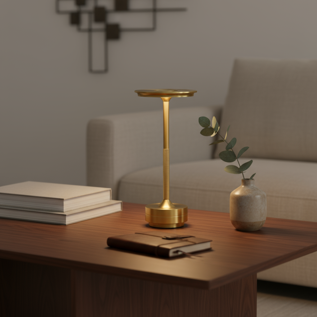 Gold lamp on a wooden table with books and a vase in a living room setting