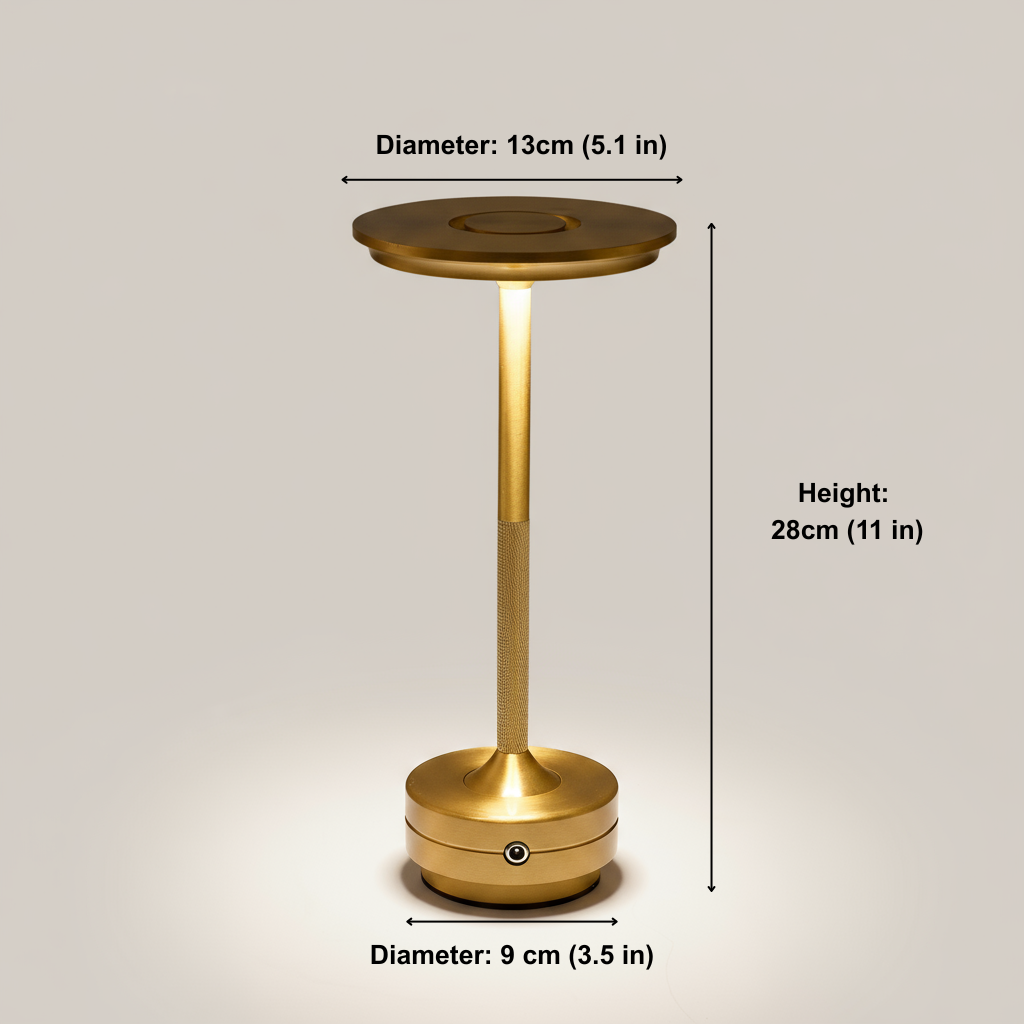 Brass-colored lamp with dimensions labeled on a light gray background