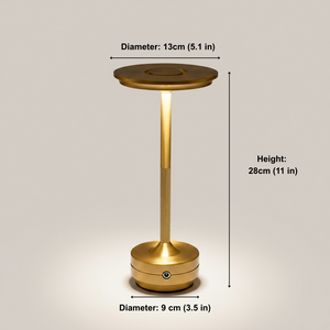 Brass-colored lamp with dimensions labeled on a light gray background