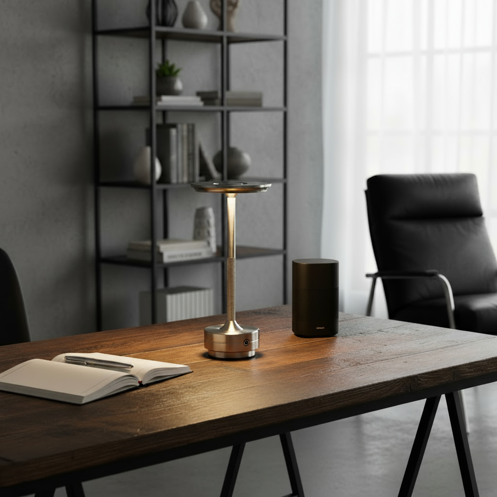 Modern office desk with a lamp, notebook, and black chair.