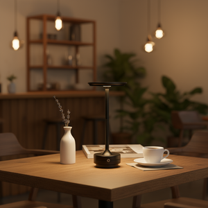Cozy indoor setting with a table featuring a white vase, black lamp, and white cup.