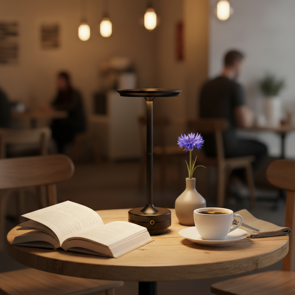 Table setting with an open book, coffee cup, and vase with a flower in a blurred cafe background