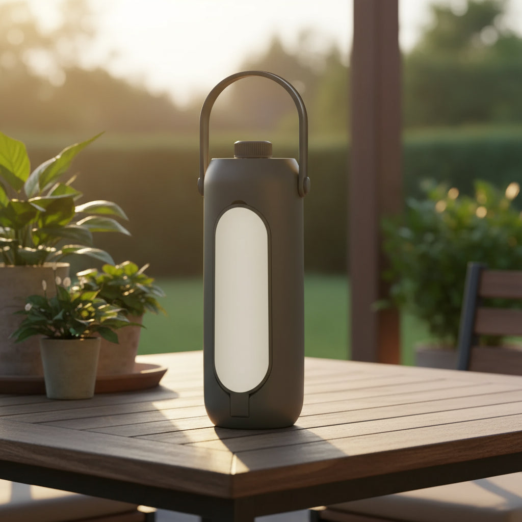 Modern outdoor lantern on a wooden table with plants in the background