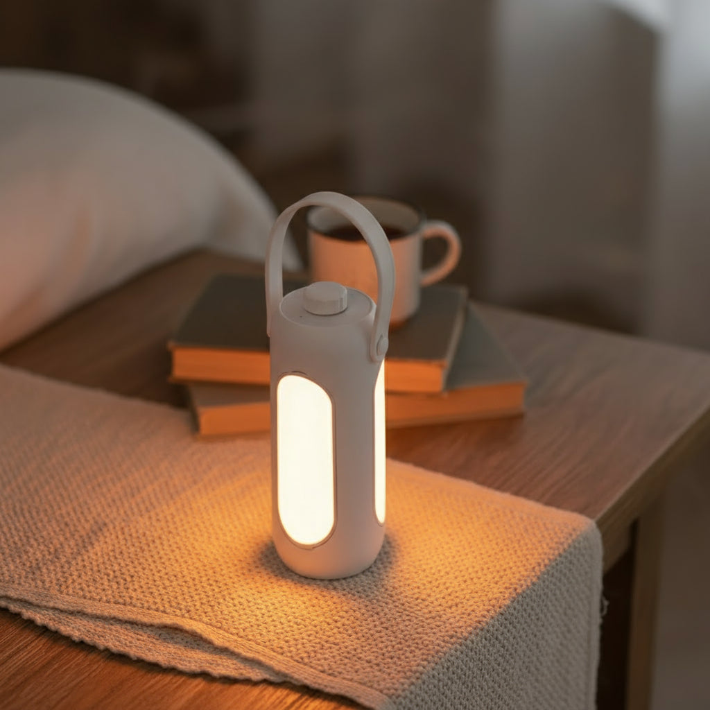 White portable lamp on a wooden surface with books and a mug in the background
