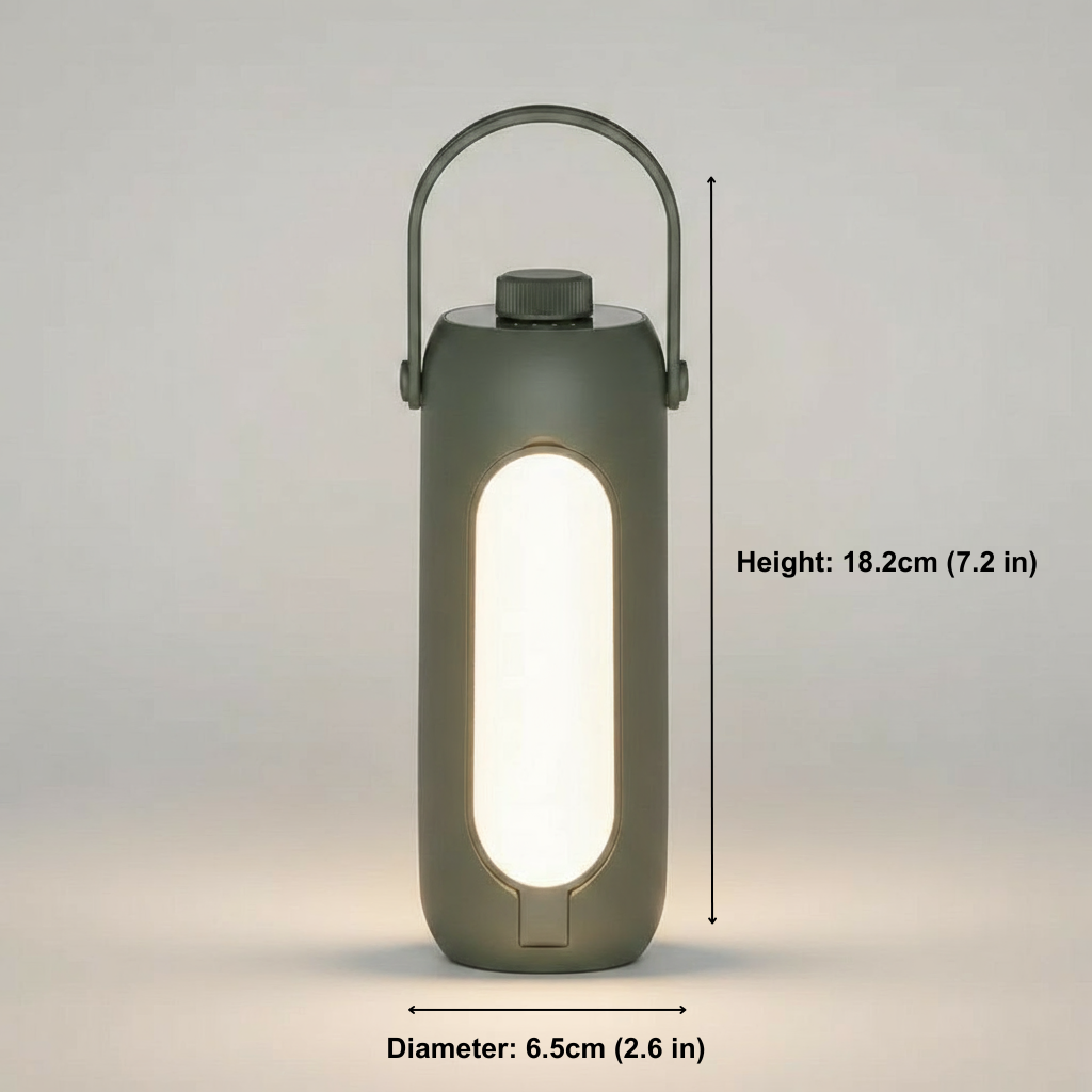 Portable lantern with dimensions displayed on a gray background