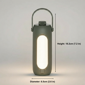 Portable lantern with dimensions displayed on a gray background