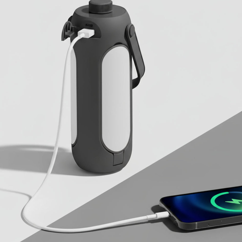 Black water bottle with a charging cable connected to a smartphone on a light gray background