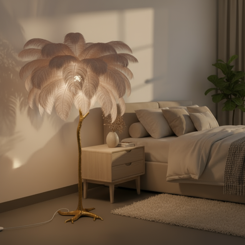 Modern bedroom with a bed, lamp, and side table.