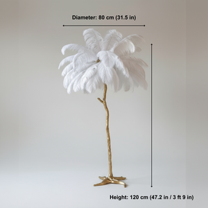 Floor lamp fixture with measurement text on a plain background