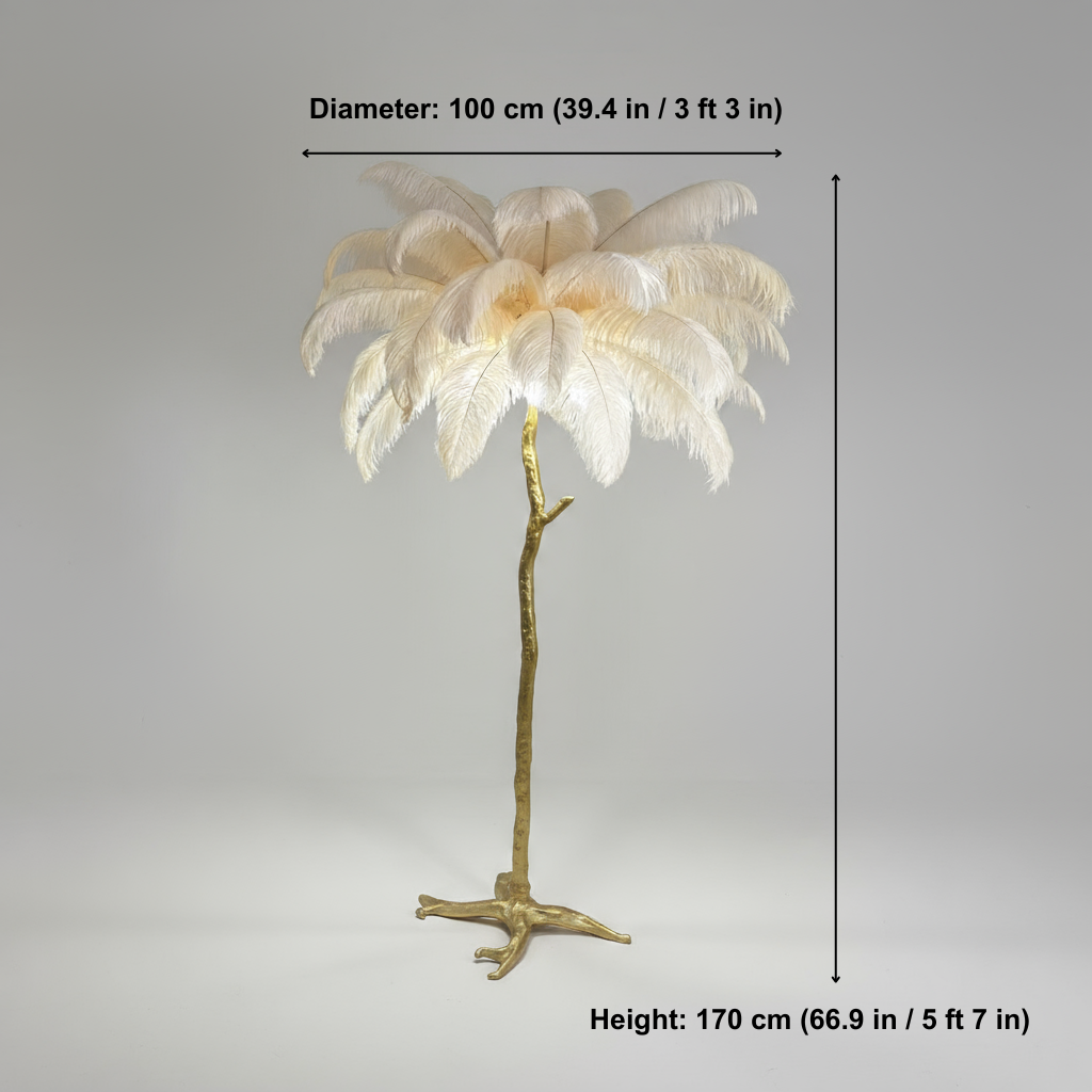 Floor lamp fixture with measurement text on a plain background