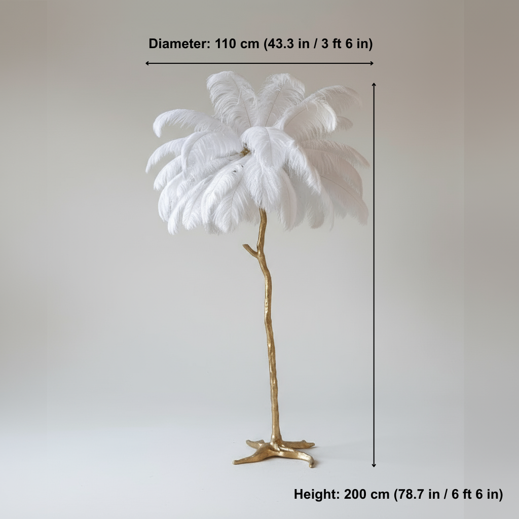 Floor lamp fixture with measurement text on a plain background