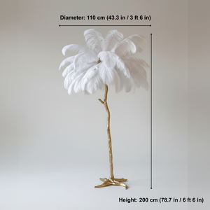 Floor lamp fixture with measurement text on a plain background