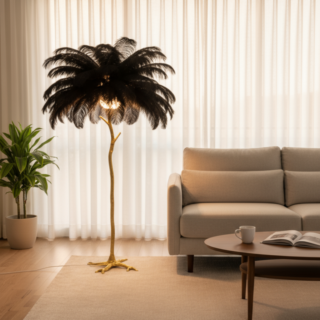 Modern living room with a feathered floor lamp, sofa, and coffee table.