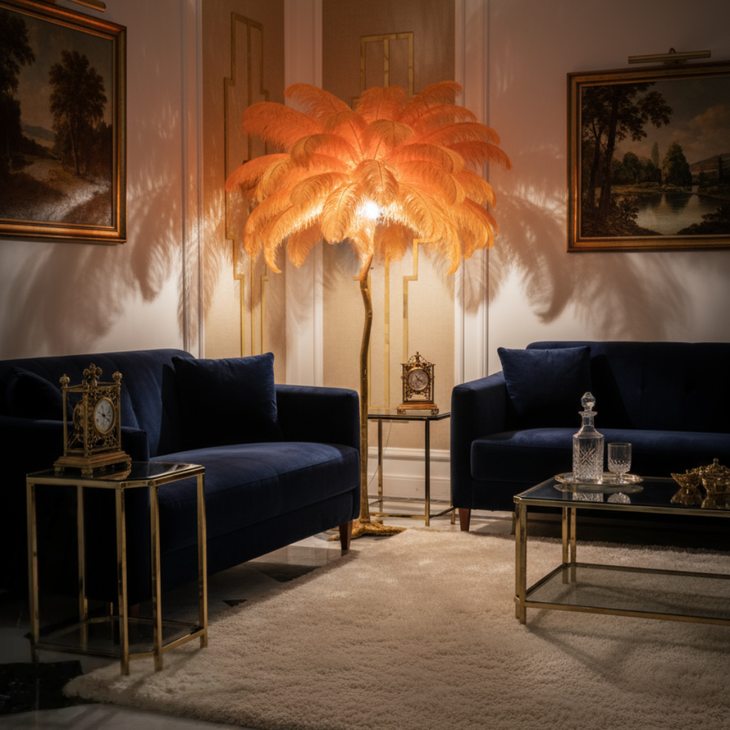 Luxurious living room with blue sofas, a palm tree lamp, and decorative items.