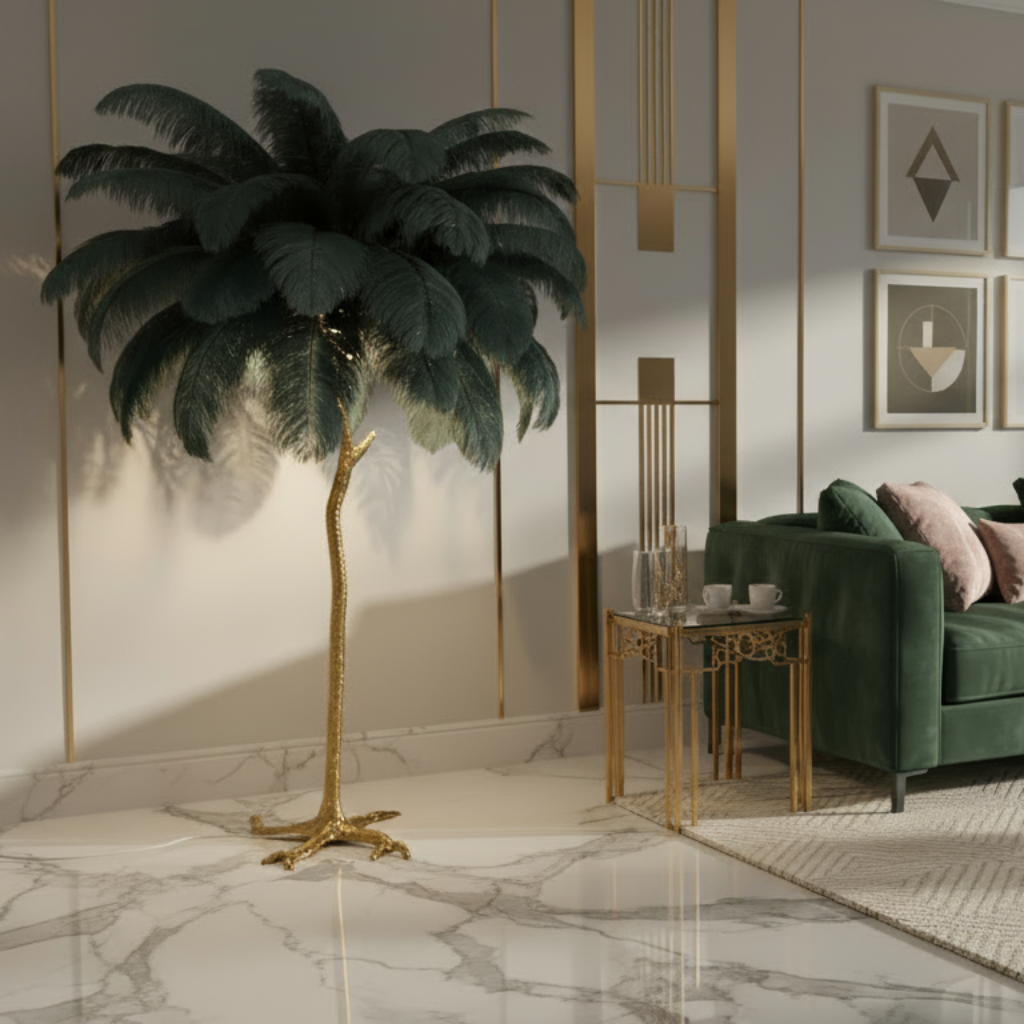 Modern living room with a green sofa, decorative pillows, and a palm tree.