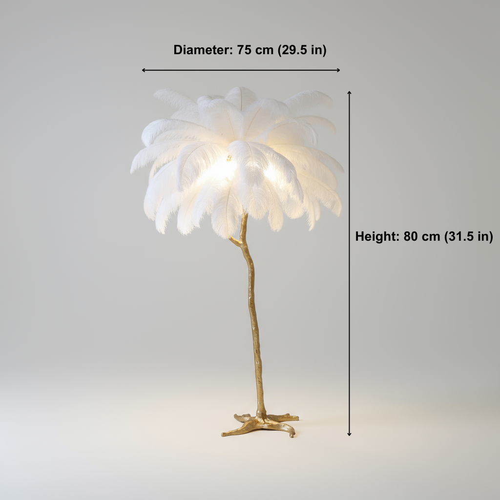 Floor lamp fixture with measurement text on a plain background
