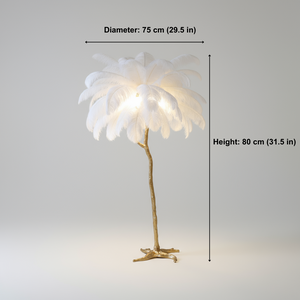 Floor lamp fixture with measurement text on a plain background