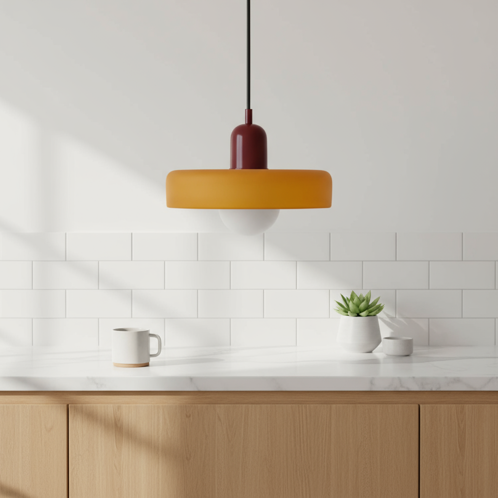 Modern kitchen with a pendant light, white cup, and small plant on a countertop.