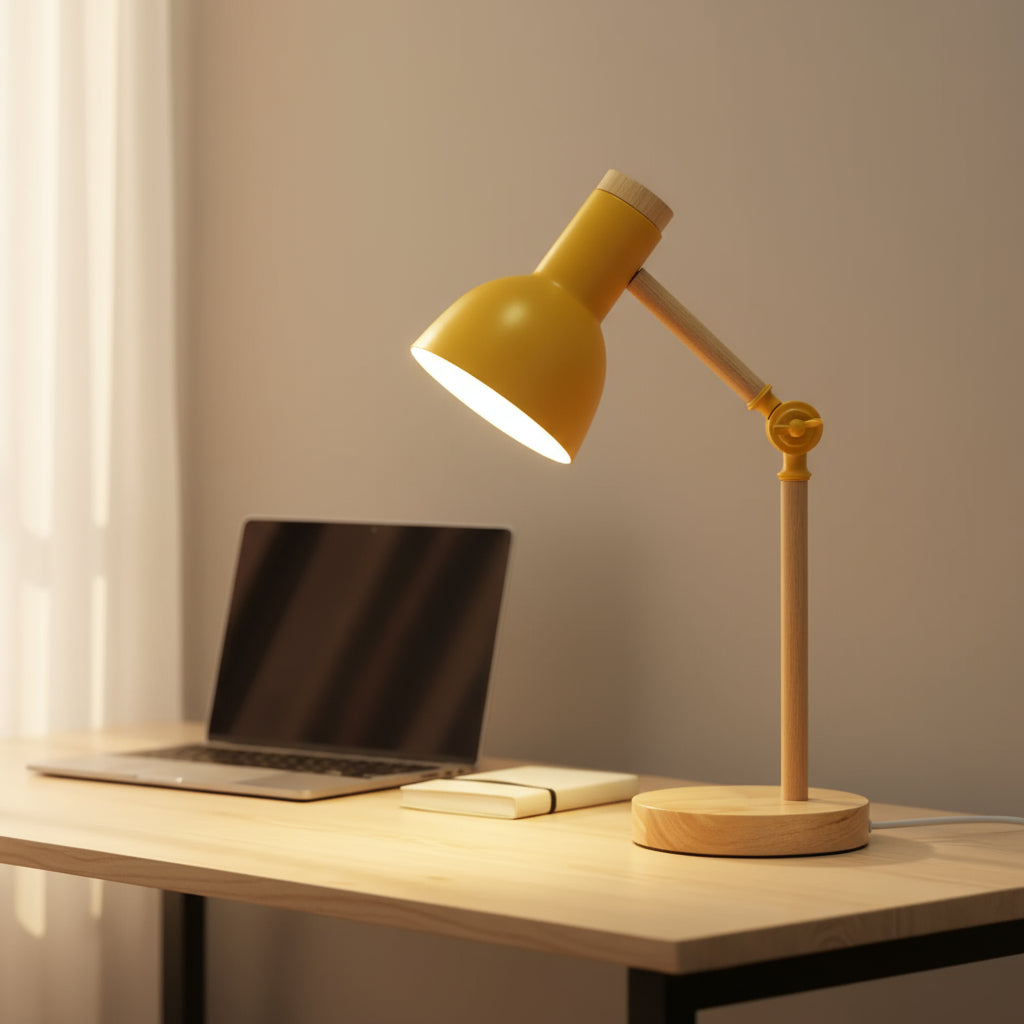 Yellow desk lamp on a wooden desk with a laptop and notebook.