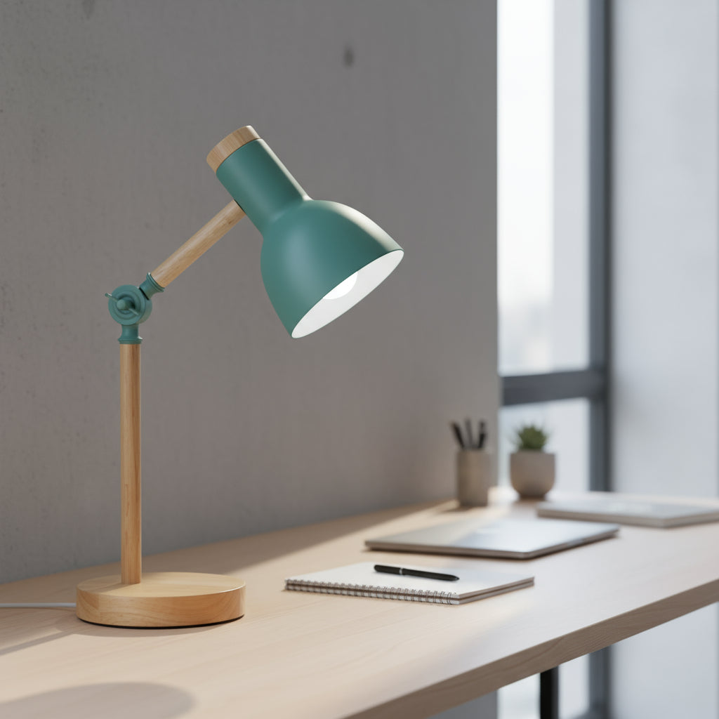 Teal desk lamp on a wooden base on a desk with a notebook and pen.