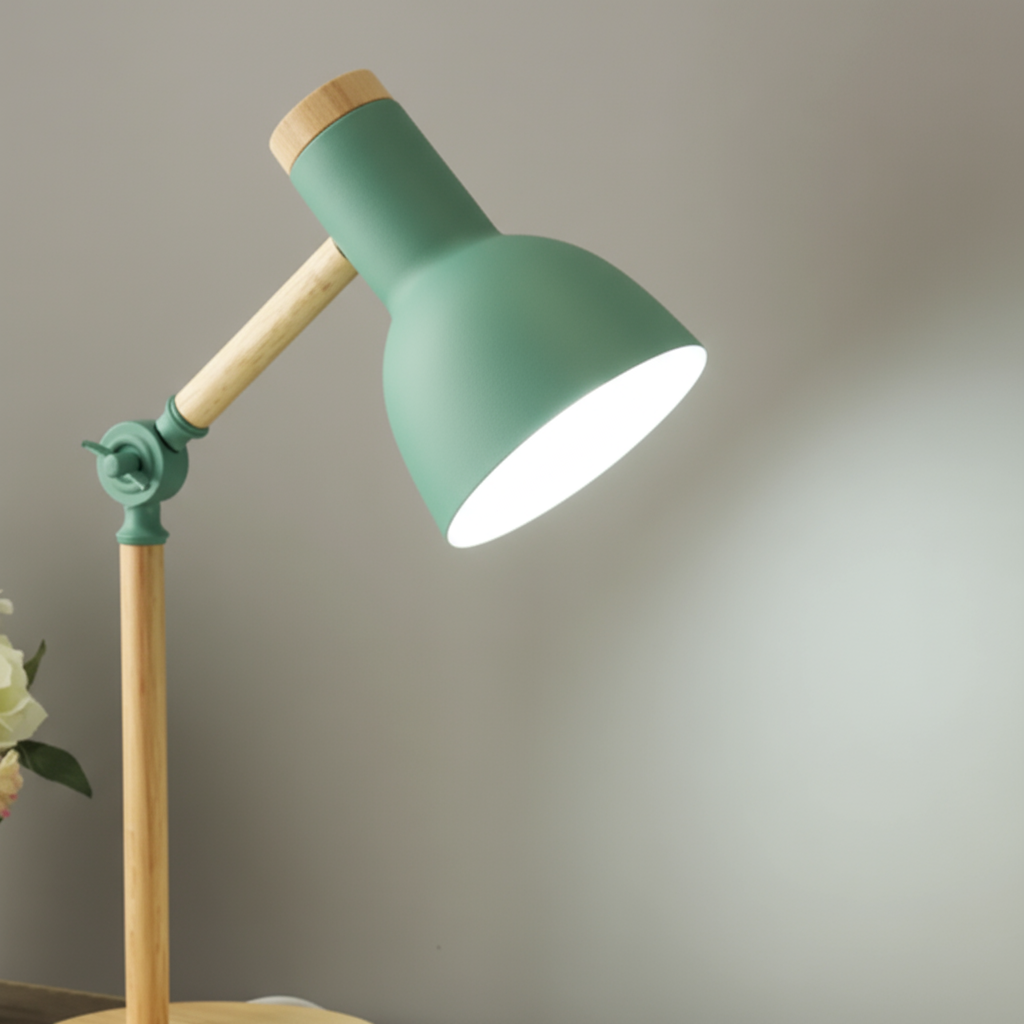 Green desk lamp with wooden arm on a neutral background