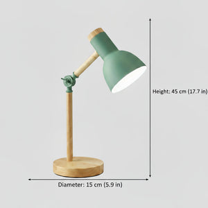Green desk lamp with wooden base and dimensions on a light gray background