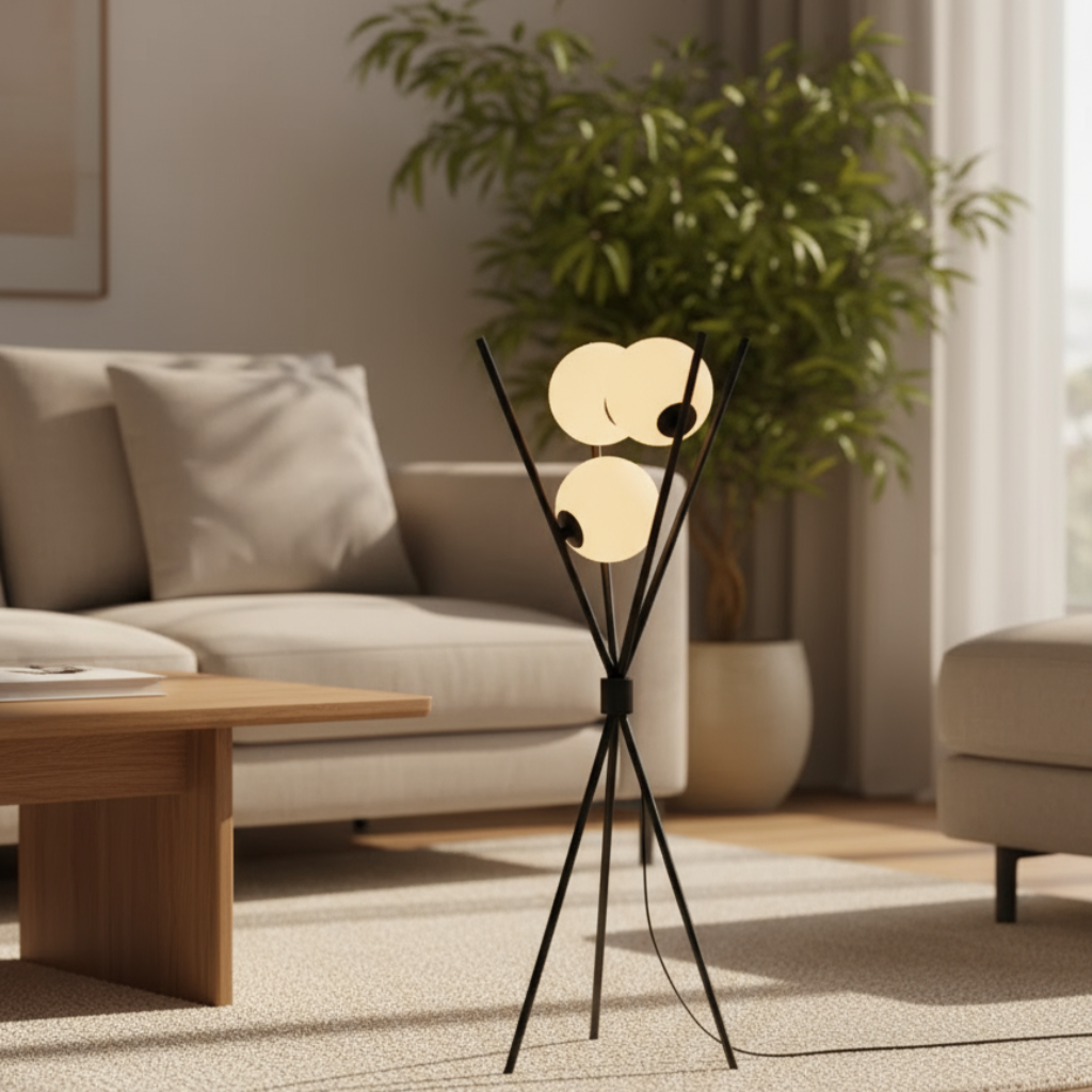 Modern floor lamp in a living room setting with a sofa and plant.